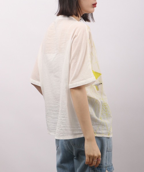 Emago ブラウス シャツ EMAGO 木の総柄刺繍ドルマン半袖シャツ