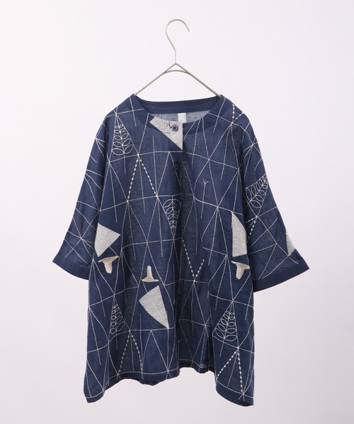 ブラウス シャツ EMAGO 木の総柄刺繍ドルマン半袖シャツ レディース Emago ブラウス シャツ EMAGO 木の総柄刺繍ドルマン半袖シャツ