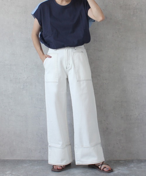 【libjoie】ワイドデニムパンツ(EMMAさんコラボ) セール】カットオフヴィンテージ加工セミワイドストレートデニム