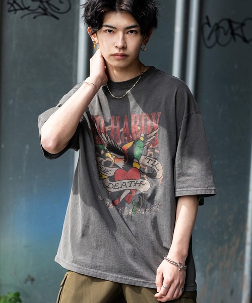 Ed Hardy（エド・ハーディー） tシャツ ピグメント加工ロックプリント