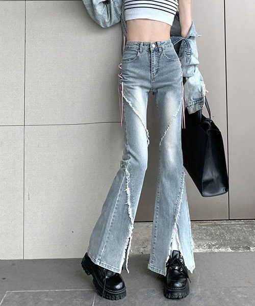 00s　ROCA WEAR　両面ブリーチロゴ　スリムフレアデニム　Y2Kグランジ 90-00s Y2K グランジ パンク 刺繍 フレアデニム - メルカリ