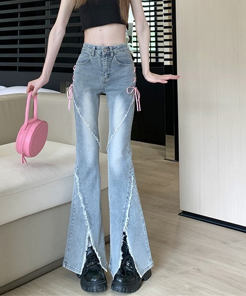レディース デニム ジーンズ パンツ ファッション y2k 花柄 デニム パンツ ジーンズ ダメージ 韓国 レディース