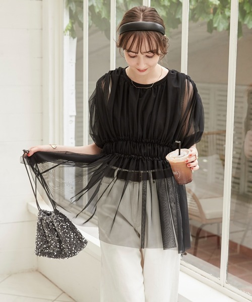 ADORE アドーア チュールレイヤードカットソー Tシャツ トップス 黒 38 ANGIE tシャツ チュール レイヤード ギャザー トップス