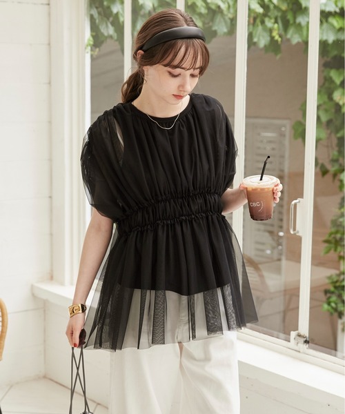ANGIE tシャツ チュール レイヤード ギャザー トップス