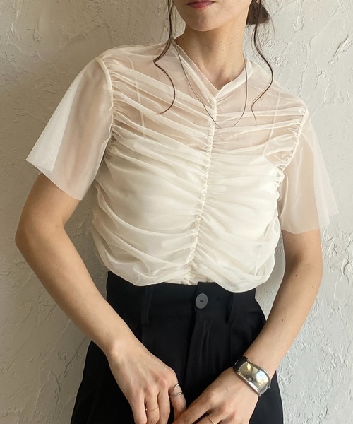 トップス カットソー Shury She's Closet tシャツ シャーリングシースルーカットソー シアー