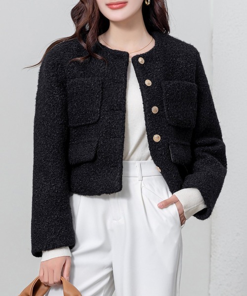Plage ノーカラージャケット ツイード 金釦 ブラック 36 S SHOO・LA・RUE（シューラルー）の「◇ノーカラー 金釦ツイード ミドル