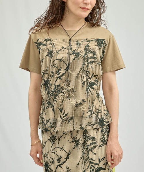 tシャツ フロントボタニカルレーストップス レディース