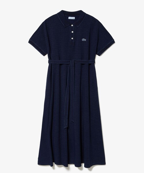 すぐ届く【LACOSTE】ポロワンピース フレアシルエット マキシ丈 ルーズフィット5分袖ポロドレス ／ ポロワンピース マキシ丈