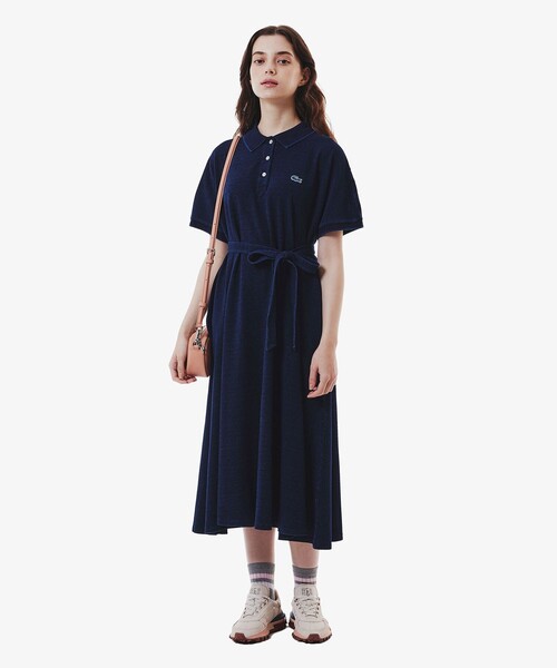 LACOSTE　ラコステ　鹿の子シャツワンピース　ポロワンピース　ロング LACOSTE シャツワンピース インディゴ 鹿の子ポロドレス