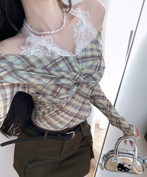Sibra（シブラ） tシャツ レースキャミひも付きチェックオフショル