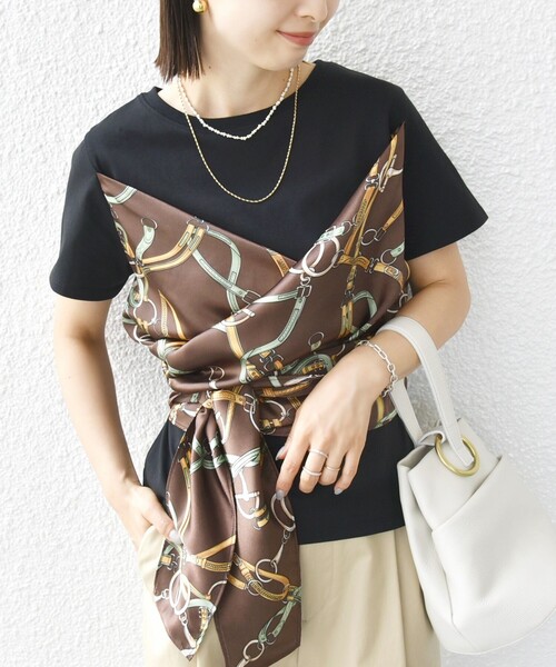 tシャツ スカーフスリーブTシャツ レディース 追加】スカーフ柄ビスチェ付き風Tシャツ（5-0273-2-03-002
