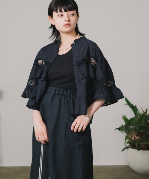 ブラウス シャツ normment/ノーメント CO silk lace pintuck＆pico frill blouse ブラウス ノーカラー シ