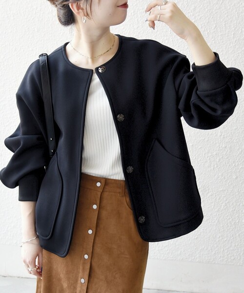 【美品】 DOUDOU 切替シャーリングブルゾン ノーカラー SHOO・LA・RUE（シューラルー） ブルゾン アウター 「洗濯機可/S-LL