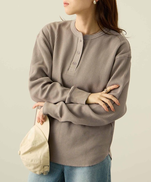 NAVY tシャツ リラックスFITワッフルヘンリーネックロングTシャツ