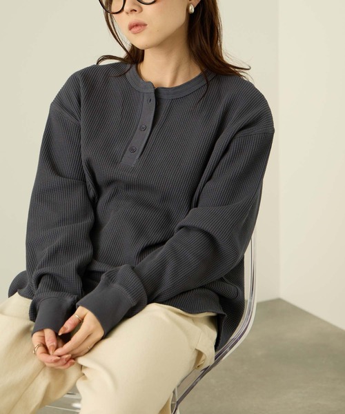【NAVY】Henry neck waffle L/S NAVY tシャツ リラックスFITワッフルヘンリーネックロングTシャツ