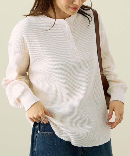 NAVY tシャツ リラックスFITワッフルヘンリーネックロングTシャツ