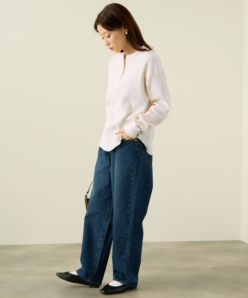 NAVY tシャツ リラックスFITワッフルヘンリーネックロングTシャツ