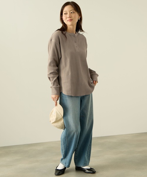 NAVY tシャツ リラックスFITワッフルヘンリーネックロングTシャツ