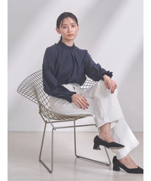 Drawer　コットンフリルバックリボンノーカラーブラウス　雑誌掲載品　ネイビー フリルカラーリボンブラウス（シャツ・ブラウス） | grove（グローブ トップス