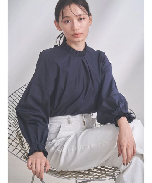 Drawer　コットンフリルバックリボンノーカラーブラウス　雑誌掲載品　ネイビー grove（グローブ | フリルカラーリボンブラウス（シャツ・ブラウス） トップス