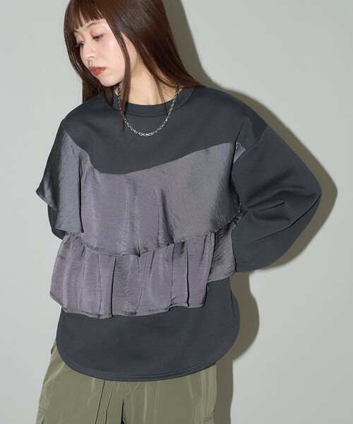 「PUBLUX」 長袖カットソー フリ- ブラック レディース_画像4