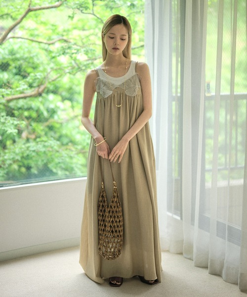 ワンピース embroidery tulle cami dress / ケミカルレースロング