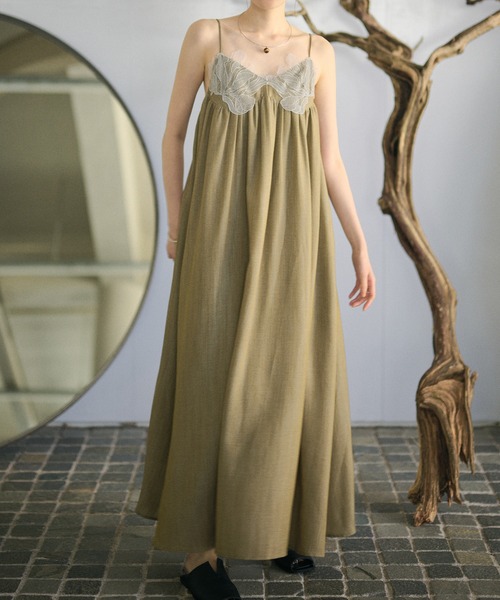 ワンピース embroidery tulle cami dress / ケミカルレースロング