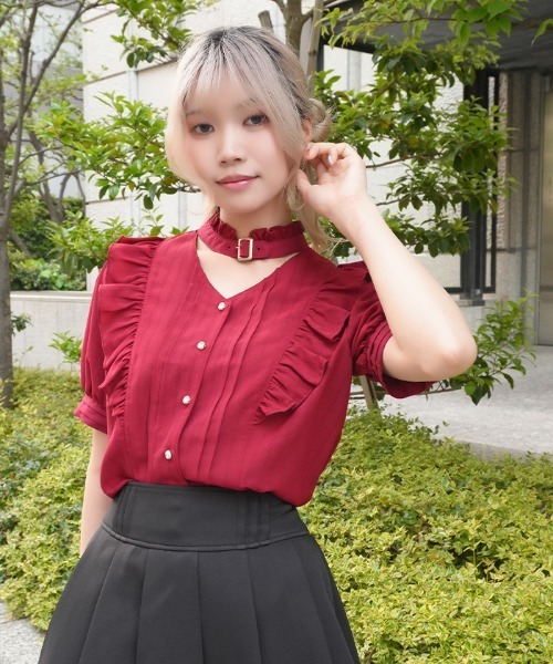 axes femme POETIQUE ブラウス シャツ 半袖 金ボタン付きチョーカー風
