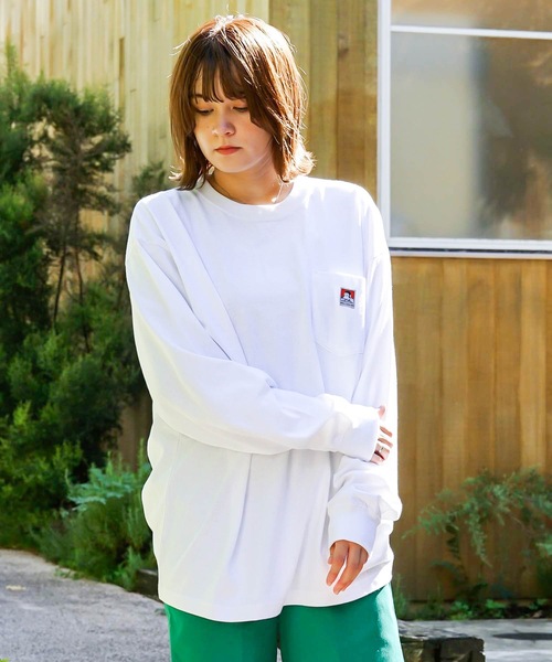 ホワイト 長袖カットソー フロントポケット付き BEN DAVIS（ベンデイビス） tシャツ 胸ポケット ワンポイントロゴ