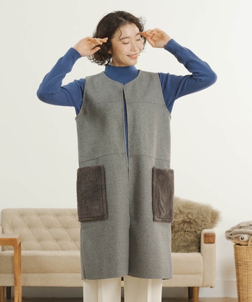 ナンバーナイン 日本製 裏地音符柄 ウールベスト ジレ size M トキドキ ベスト ジレ ウール混ファーポケットジレ レディース