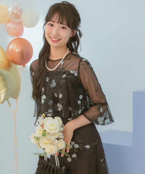 花柄刺繍 シースルーパフスリーブドレス セール】【LEJA】半袖花柄刺繍レースフロントバックリボンパフスリーブ