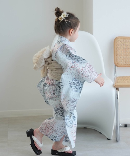 浴衣 キッズ浴衣3点セット utatane 白藍に縞と花火 キッズ 浴衣、浴衣 