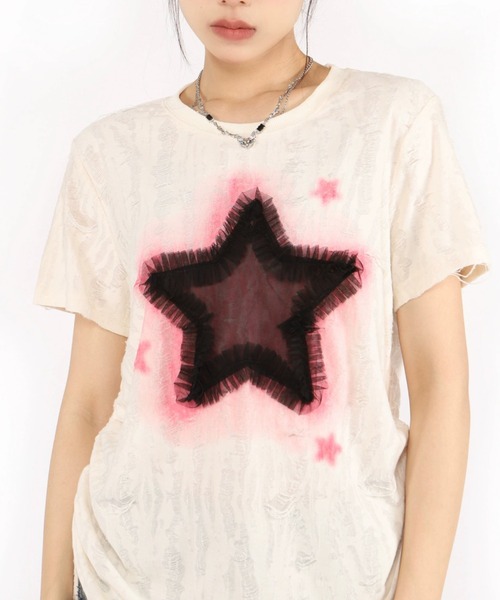 tシャツ A'GEM/9 × .kom 「.KOM/ドットケーオーエム」 スターサイドギャザーTシャツ レディース