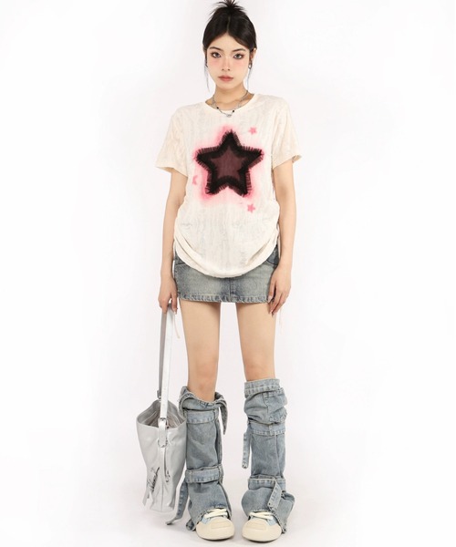 tシャツ A'GEM/9 × .kom 「.KOM/ドットケーオーエム」 スターサイドギャザーTシャツ レディース KOM tシャツ A'GEM/9 × .kom 「.KOM/ドットケーオーエム