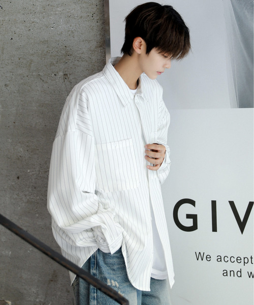 薄手ストライプ オープンカラーシャツ ルーズシルエット 夏服 NAVY（ファッション） シャツ ルーズシルエットストライプ L/S