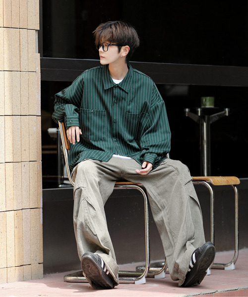 薄手ストライプ オープンカラーシャツ ルーズシルエット 夏服 SINSS シャツ Loose silhouette striped shirt / ルーズ
