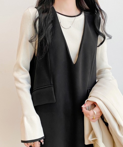 ジャンパースカート 上品さがポイント フラップ付き深Vネック