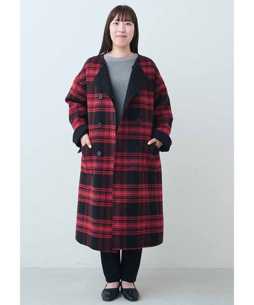 美品　ツモリチサト　ノーカラー　チェック柄ロングコート　size2 IEDIT（イディット） ノーカラーコート コート きくちあつこさんコラボ