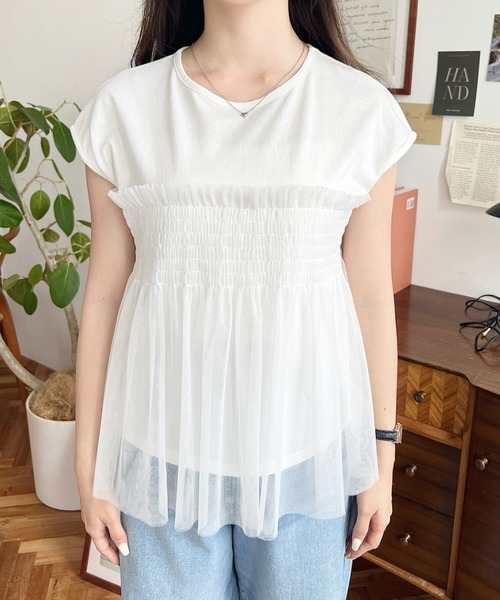 moment+ tシャツ シャーリングビスチェレイヤード風チュール
