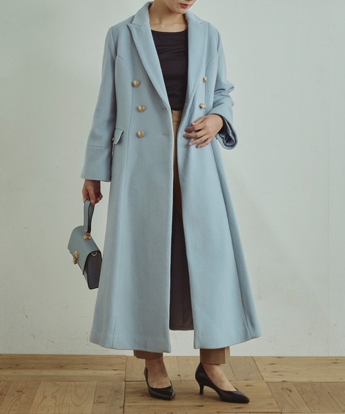 GALERIE VIE リネン100% S ノーカラー マキシ ロングコート 青 GALERIE VIE リネン100% S ノーカラー マキシ ロングコート 青