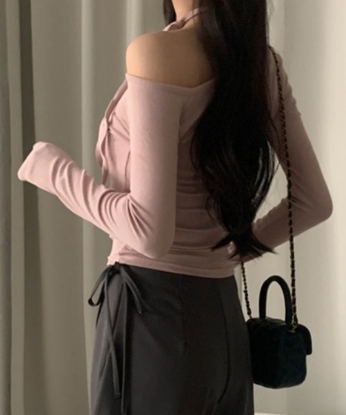 tシャツ リボンチョーカー付 ワンショルダーショートピチロンT