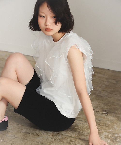tシャツ チュール レイヤー ラッフルスリーブ Tシャツ レディース