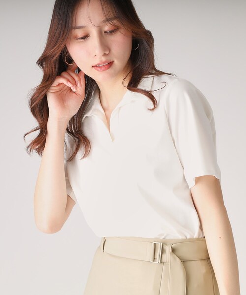 tシャツ 「洗える／日本製」きれいめに着られる衿付きスキッパーカットソー レディース
