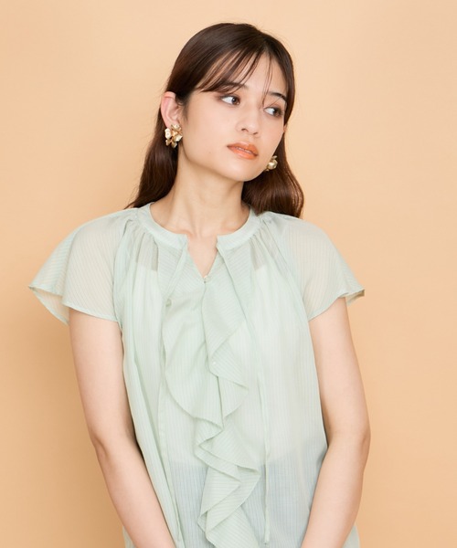 ブラウス シャツ シアーストライプリボンブラウス「セットアップ対応/手洗い可能」 レディース QUEENS COURT ブラウス シャツ シアーストライプリボンブラウス