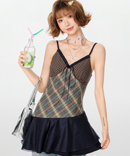 tシャツ Vネックリボン チェック柄 キャミソールトップス GH25s099「Girlyhalo」 レディース