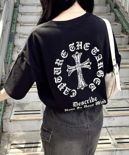 STONE  ブラック 半袖 Tシャツ バックプリント INGNI（イング） tシャツ 半袖 バックラインストーンクロスロゴ