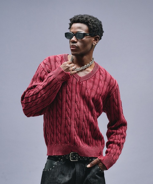 ANDER HUNK セーター ニット Faded Cable V-neck Knit / フェード