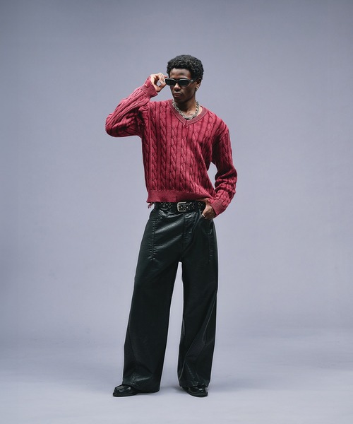 【ブラック】9GケーブルVネックニットベルトプルオーバー (MENS) ANDER HUNK セーター ニット Faded Cable V-neck Knit / フェード