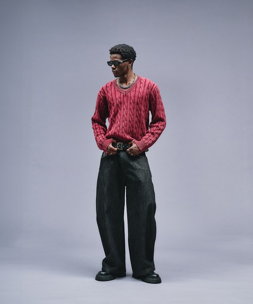 ANDER HUNK セーター ニット Faded Cable V-neck Knit / フェード