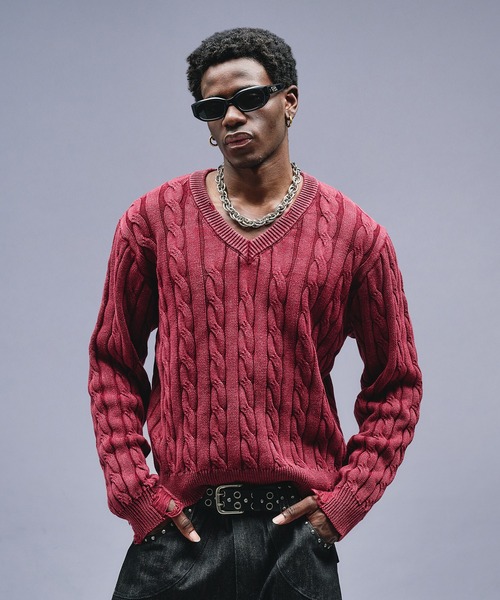 ANDER HUNK セーター ニット Faded Cable V-neck Knit / フェード